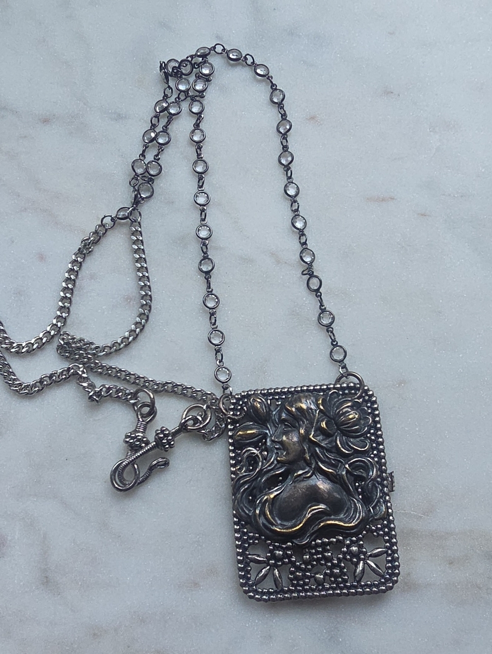 Vintage Art Nouveau Repoussé Fine Silver Pendant Necklace  Classical Woman Motif